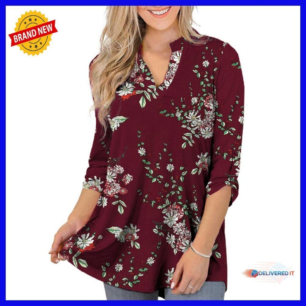 Plus Size Floral Tunic Top 3/4 Sleeve V-Neck Blouse Polyester Spandex